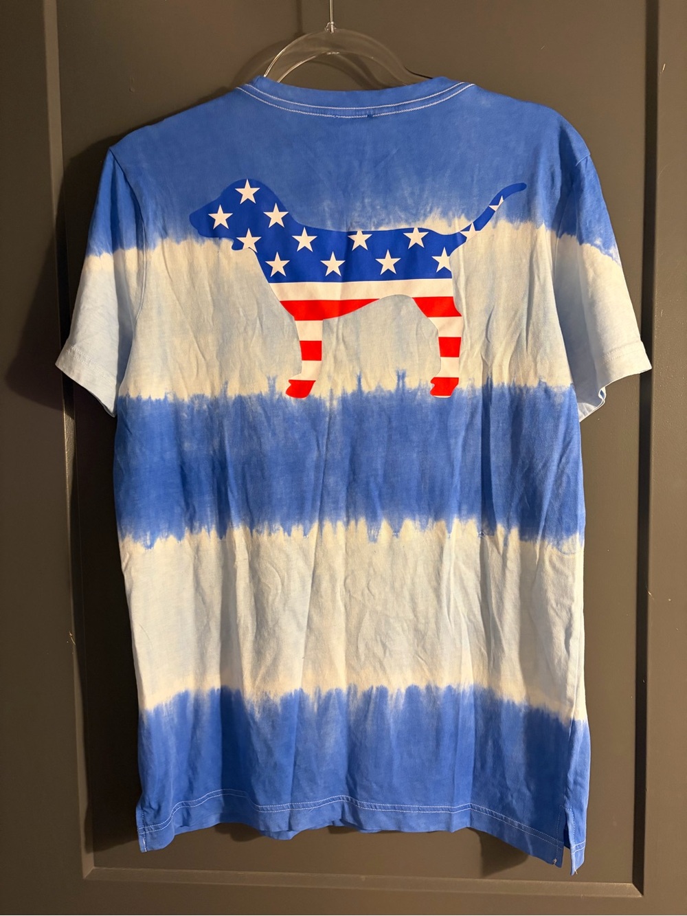 Victoria's Secret PINK American Flag Dog Pocket Tie-Dye Red Blue T-Shirt XS